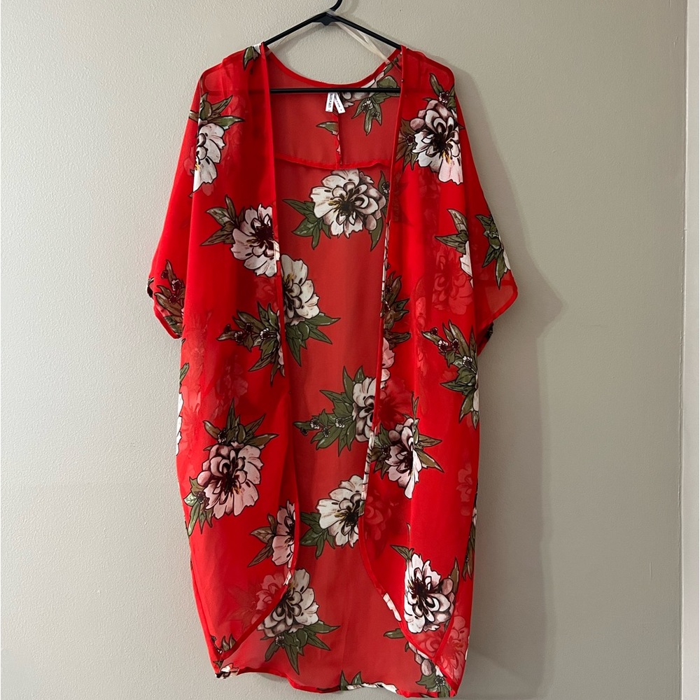 Live For Truth Red Floral Sheer Kimono - 1X